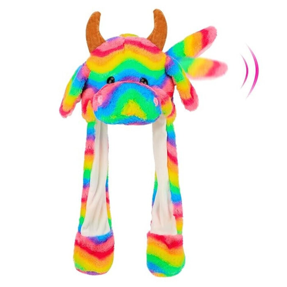 Hopearl Rainbow Cow Hat with Ears Moving Jumping Pop Up Beating Plush , 22''